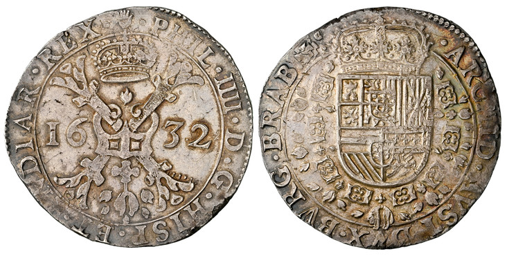 1084002 SPANISH NETHERLANDS. Brabant. 1632-(hand) AR Patagon. NGC MS63.  Antwerp. Crowned shield of Philip IV in fleece collar / …DVX BVRG BRAB Zc. Crown above crossed scepters divides date to either side; fleece hung below. KM 53.1; Dav.-4462.
Cu...