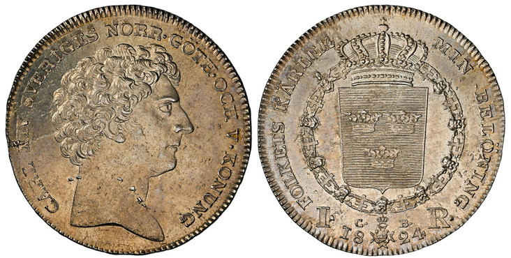 1087181 SWEDEN. Carl XIV Johan. 1824 CB AR Riksdaler. NGC MS64+.  By Lars Grandel. Stockholm Mint. Edge: MANIBVS NE LAEDAR AVARIS - "May I not be harmed by avaricious hands". CARL XIV SVERIGES... Head right / Crowned shield within order chain divi...