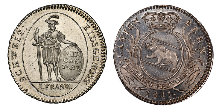 1087246 SWISS CANTONS. Bern. 1811 AR Frank. NGC MS63PL (Prooflike).  CANTON BERN. Bear in crowned oval shield within sprigs above banner and date / SCHWEIZ: EIDSGENOSS:. Standing knight, oval shield, value. KM 174.

Please use this link to verify ...