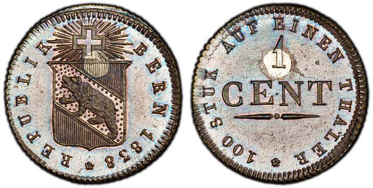 1085450 SWISS CANTONS. Bern. 1838 CU Pattern Cent. PCGS SP66BN (Brown).  Edge: Diagonally milled. 3.86gm. Bear in shield, radiant cross above / Value. KM Pn25; Richter (Proben) 1-246; D.T. 50a; HMZ 2-241b.

These are the last coins minted by the C...