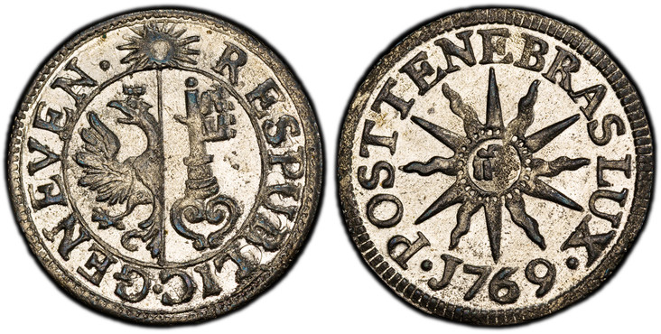 1085567 SWISS CANTONS. Geneva. 1769 Billon 6 Deniers, 2 Quarts. PCGS MS66.  GENEVEN · RESPUBLIC ·. Arms within circle, sun above / · POSTTENEBRASLUX ·. IHS in center of sun. KM 79; D.T. 1026g; HMZ 2-351s.

Please use this link to verify the PCGS c...