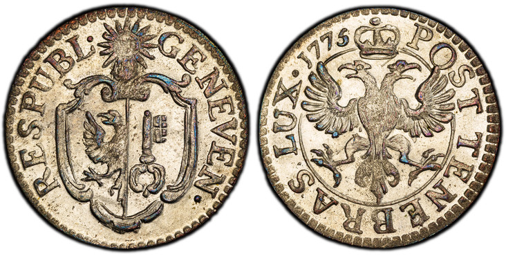 1085566 SWISS CANTONS. Geneva. 1775 Billon 9 Deniers, 3 Quarts. PCGS MS65.  GENEVEN · RESPUBL ·. Sun above arms / POST TENEBRAS LUX. Crowned double-headed eagle within circle. KM 78; D.T. 1021c; HMZ 2-350g.

Please use this link to verify the PCGS...
