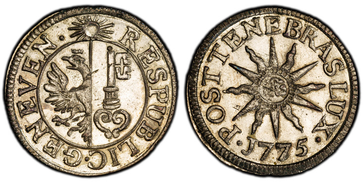 1085568 SWISS CANTONS. Geneva. 1775 Billon 6 Deniers, 2 Quarts. PCGS MS65.  GENEVEN · RESPUBLIC ·. Arms within circle, sun above / · POSTTENEBRASLUX ·. IHS in center of sun. KM 79; D.T. 1026i; HMZ 2-351u.

Please use this link to verify the PCGS c...