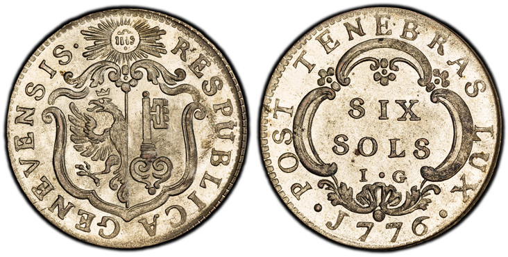 1085570 SWISS CANTONS. Geneva. 1776 IG Billon 6 Sols. PCGS MS65.  GENEVENSIS · RESPUBLICA. Ornate arms, IHS in sun above / POST TENEBRAS LUX. Value within cartouche, date below. KM 82; D.T. 1012c; HMZ 2-346c.

Please use this link to verify the PC...