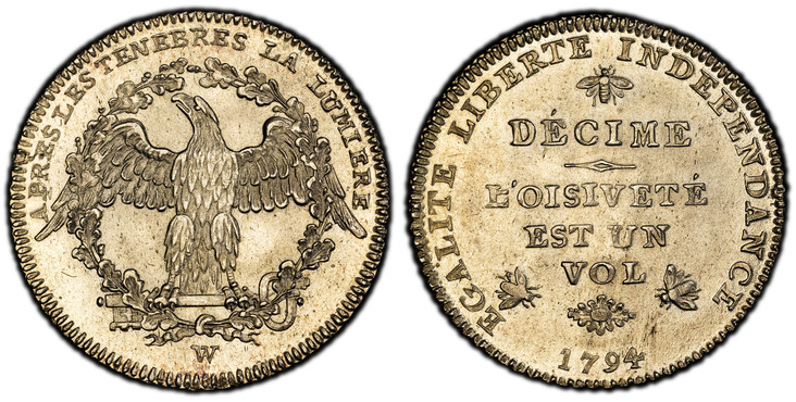 1085456 SWISS CANTONS. Geneva. 1794 W AR Decime, 10 Centimes. PCGS MS65.  Dies by Wiélandy. Edge: Diagonally milled. 3.50gm. Displayed eagle within wreath / EGALITE LIBERTE INDEPENDANCE. Value: DECIME/LOISIVETE/EST UN/VOL at center, flower and dat...