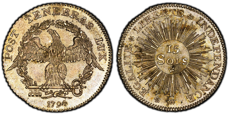 1085457 SWISS CANTONS. Geneva. 1794-(five petal rosette) W AR 15 Sols. PCGS MS64.  Dies by Wielandy. Edge: Diagonally milled. 2.99gm. POST TENEBRAS LUX. Displayed eagle within wreath, date below / EGALITE LIBERTE INDEPENDANCE. Value in center of r...