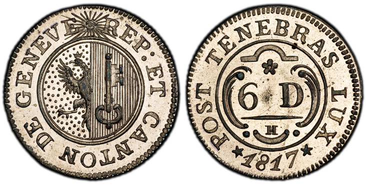 1085576 SWISS CANTONS. Geneva. 1817 H Billon 6 Deniers. PCGS MS67.  REP ET CANTON DE GENEVE. Arms within circle / POST TENEBRAS LUX. Value within circle. KM 115; D.T. 275; HMZ 2-360a.

Please use this link to verify the PCGS certification number <...