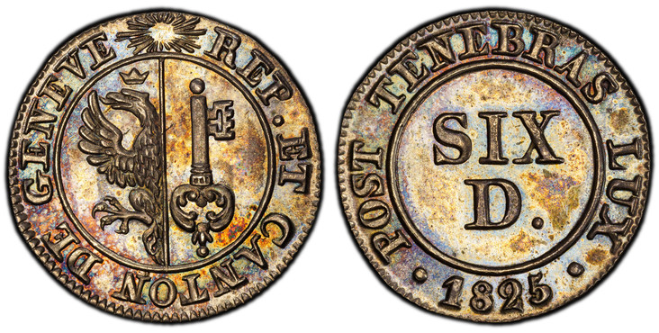 1085438 SWISS CANTONS. Geneva. 1825 AR 6 Deniers. PCGS SP64.  0.90gm. Arms within beaded circle / Value within beaded circle. KM 118a; Demole 657; D.T. 276b variant; Richter (Proben) 1-447; HMZ 2-360c.

Presentation strike in fine silver (listed a...