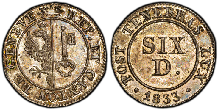 1085439 SWISS CANTONS. Geneva. 1833 AR 6 Deniers. PCGS SP64.  0.93gm. Arms within beaded circle / Value within beaded circle. KM 118a; Demole 657; D.T. 276c variant; Richter (Proben) 1-451; HMZ 2-360d.

Presentation strike in fine silver (listed a...