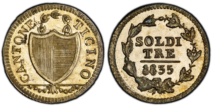 1085440 SWISS CANTONS. Ticino. 1835 Billon 3 Soldi. PCGS MS65.  1.74gm. CANTONE TICINO. Shield, wreath above, garland in exergue / Value and date within wreath. KM 2; D.T. 218d; HMZ 2-928c.

Please use this link to verify the PCGS certification nu...