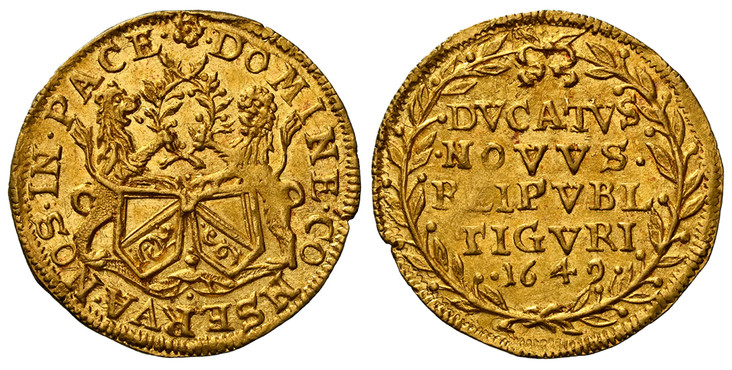 1087431 SWISS CANTONS. Zurich. 1649 AV Ducat. NGC MS64.  3.48gm. Shields of arms with supporters holding entwined braches / Four-line legend and date within closed wreath. KM 69; Fr.-459; D.T.-1054c; HMZ 2-1138l.

Currently the finest known at NGC...