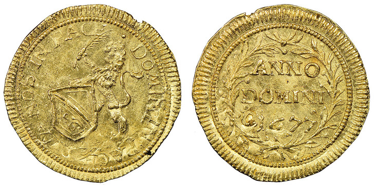 1087271 SWISS CANTONS. Zurich. 1677 AV 1/2 Ducat. NGC MS64.  Lion holding arms and palm branch / ANNO / DOMINI /. Inscription, date in laurel wreath. KM 99; Fr.-467; HMZ-2-1141o.

Please use this link to verify the NGC certification number <a href...