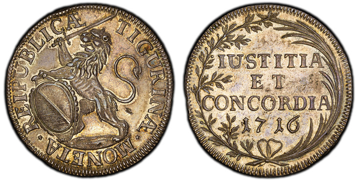 1085441 SWISS CANTONS. Zurich. 1716 AR Thaler. PCGS AU58.  27.94gm. MONETA REIPUBLICÆ TIGURINÆ. Oval arms of Zurich supported by rampant lion at right / IUSTITIA/ET/CONCORDIA, date within palm and laurel branch. KM 135; D.T. 419d; HMZ 2-1164i; cr....
