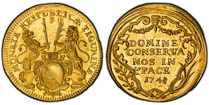 1085908 SWISS CANTONS. Zurich. 1745/retrograde 5 AV 2 Ducats. PCGS MS61.  6.73gm. MONETA REIPUBLICÆ TIGURINÆ. Oval arms of Zurich in baroque frame, supported by rampant lions / DOMINE / CONSERVA / NOS IN / PACE. Inscription, date within ornamented...