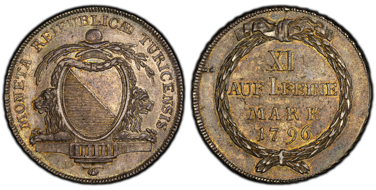 1085444 SWISS CANTONS. Zurich. 1796 AR Thaler. PCGS AU55.  25.32gm. MONETA REIPUBLICÆ TURICENSIS. Laurel, palm sprigs, hat and garland above oval arms of Zurich, flanked by lion heads on thick mantle / XXII/AVFIFEINE/MARK, date within rope wreath....