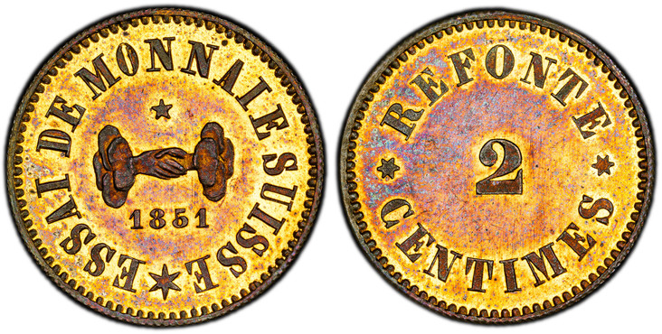 1085898 SWITZERLAND. 1851 Brass Pattern 2 Rappen. PCGS SP64.  Monnaie de Paris. Edge: Reeded. 2.66gm. ESSAI DE MONNAIE SUISSE *. Design in center divides star and date / REFONTE// 2/ CENTIMES. Value. Richter (proben) 2-38.

Please use this link to...