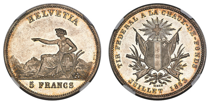 1087665 SWITZERLAND. Neuchatel Canton, La Chaux-de-Fonds. 1863 AR 5 Francs Shooting Thaler. NGC MS66.  By A. Bovy and Sieber. Edge: Reeded. Helvetia seated left, resting arm upon Swiss shield / Coat-of-arms; behind, two guns and two flags crossed ...