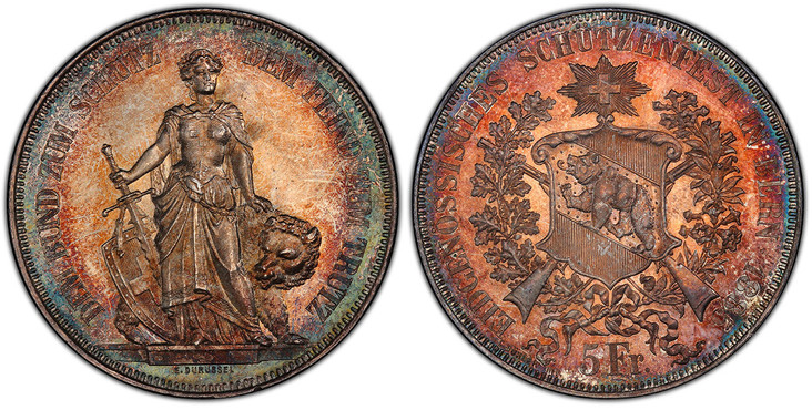 1087666 SWITZERLAND. Bern Canton. 1885 AR 5 Francs (Shooting Thaler). PCGS MS66+.  DEM BUND ZUM SCHUTZ DEM FEIND ZUM TRUTZ. Standing Helvetia with sword, heraldic shield and a bear to the side / EIDGENOSSISCHES SCHUTZENFEST IN BERN 1885. Cantonal ...
