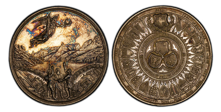 1085446 SWITZERLAND. Schwyz Canton. 1891 AR Medal. PCGS MS64.  By A. Schnyder. 43.74gm. LEIDG.BUNDESSCHWURIN BRUNNEN 1291 - BUNDESFEIER IN SCHWYZ 1.AUGUST 1891. Arms of the three original cantons, Swiss arms above with the other 19 coats of arms a...