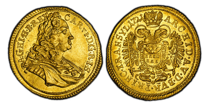 1086114 TRANSYLVANIA. Karl VI. 1721 AV Ducat. PCGS MS63.  Karlsburg. 3.38gm. CARVI · D · G · R · I ... Armored bust right / ARCHID · AV · D · BVR · PRINC · TRANSYL (date). Crowned arms on breast of crowned double-headed eagle. KM 574; Fr.-520; Her...