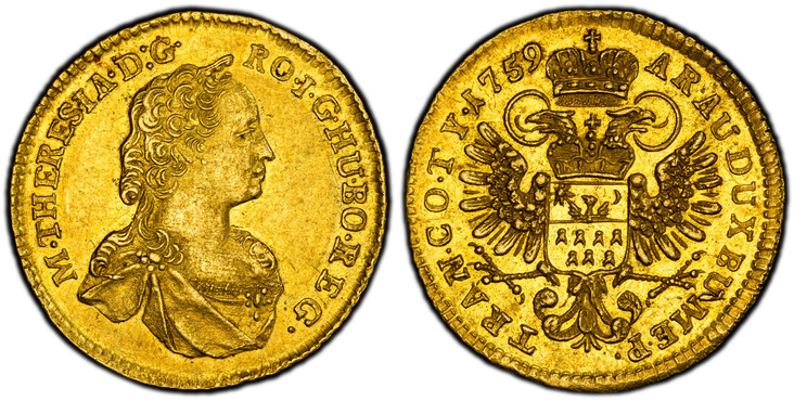 1085427 TRANSYLVANIA. Maria Theresa. 1759 AV Ducat. PCGS AU58 .  Karlsburg. 3.47gm. M · THERESIA · D : G · ... Bust of Maria Theresa right / TRAN · CO · TY · 1763 AR · AU · DUX · BU · ME · P ·. Crowned arms on breast of crowned double-headed eagle...