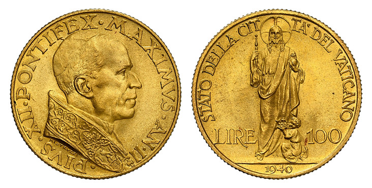 1085806 VATICAN CITY. Pius XII. (Pontiff, 1939-1958). 1940 / AN II AV 100 Lire. NGC MS66.  By Mistruzzi. Rome. 20.66mm. 5.19gm. AN. Head right / Standing Jesus divides value. KM 30.1; Fr.-286; Gigante 98; Mont.- 509; Pagani 706.

Please use this l...