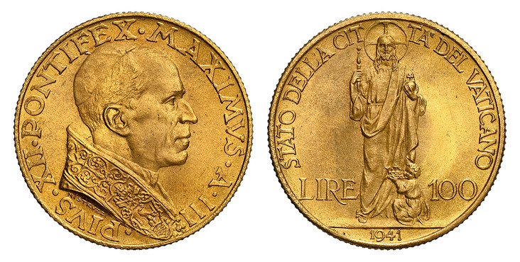 1085807 VATICAN CITY. Pius XII. (Pontiff, 1939-1958). 1941 / AN III AV 100 Lire. NGC MS66.  By Mistruzzi. 20.69mm. 5.19gm. A. Head right / Standing Jesus divides value. KM 30.2; Fr.-286; Gigante 99; Mont.-510; Pagani 707.

Please use this link to ...
