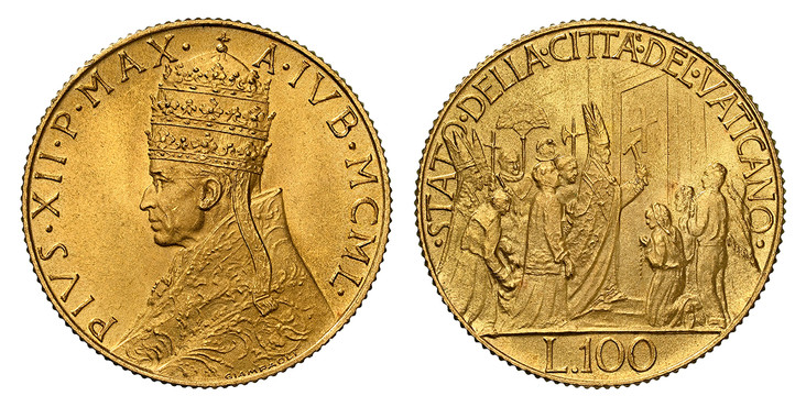1086072 VATICAN CITY. Pius XII. (Pontiff, 1939-1958). MCML (1950) AV 100 Lire. NGC MS66.  5.19gm. Crowned bust left / Opening of the Holy Year Door. KM 48; Friedberg 289; Pagani 716; Bolzano Vatican 39; Gigante 108; Montenegro 519; Berman 3399; Sc...