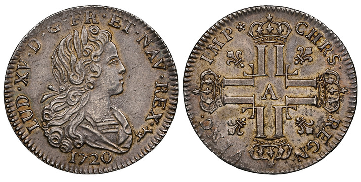 1087496 UNITED STATES, Colonial & Related. France. Louis XV. (King, 1715-1774). 1720-AA AR 1/3 Ecu (Petit Louis d'Argent). NGC MS62.  Metz. LUD · XV · D · G · FR · ET · NAV · REX ·. Young laureate bust, right / CHRS · REGN · VINC · IMP *. Crowned ...