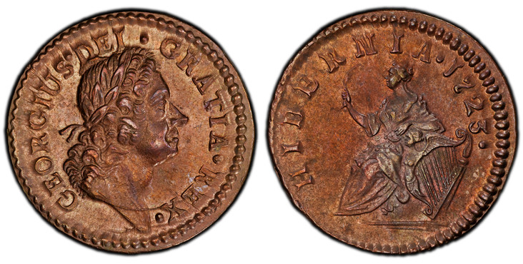 1086602 UNITED STATES, Colonial & Related. Ireland. 1723 CU Farthing. PCGS MS64BN (Brown).  ends: ...:DEI · GRATIA · REX ·. Bust, right; D in DEI joined to hair / Harp at right. KM 119; S-6604; Martin 3.3-Bc.2.

Please use this link to verify the ...