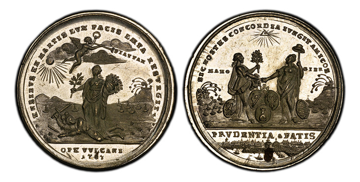 1086166 UNITED STATES OF AMERICA. Treaty of Versailles. 1783 White Metal (with CU Plug) Medal. PCGS MS63.  By J.Chr. Reich (Unsigned). 43mm. 26.08gm. SIC HOSTES CONCORDIA IVNGIT AMICOS. Figures of Britain and America, representing Peace and Libert...