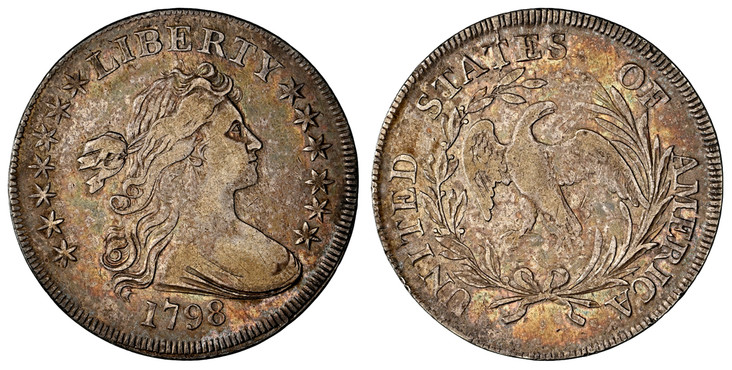 1084342 UNITED STATES OF AMERICA. 1798 AR Dollar. NGC VF30.  U.S. Mint, Philadelphia. LIBERTY. Draped bust right, flanked by stars, date below / UNITED STATES OF AMERICA. Heraldic eagle. KM 32; Bowers-Borckardt 82;  Milferd Bollender 1.

Variety w...