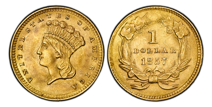1085435 UNITED STATES OF AMERICA. 1857 AV Dollar. PCGS MS62  CAC.  U.S. Mint, Philadelphia. 15mm. 1.67gm. UNITED STATES OF AMERICA. Indian head with headdress left / Value, date within wreath. KM 86; Fr.-94.

Please use this link to verify the PCG...