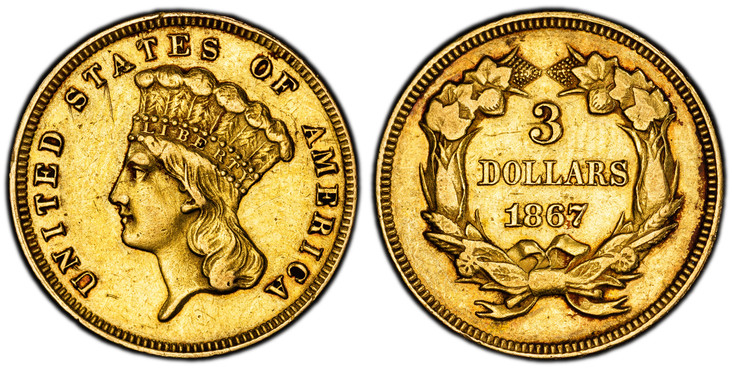 1085899 UNITED STATES OF AMERICA. 1867 AV $3 Dollars. PCGS XF45.  U.S. Mint, Philadelphia. 5.01gm. UNITED STATES OF AMERICA. Indian head with headdress, left / Value, date within wreath. KM 84; Fr.-124.

Please use this link to verify the PCGS cer...