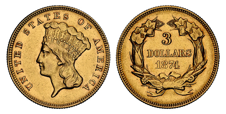 1085663 UNITED STATES OF AMERICA. 1874 AV 3 Dollars. NGC AU58.  U.S. Mint, Philadelphia. UNITED STATES OF AMERICA. Indian head with headdress, left / Value, date within wreath. KM 84.

Please use this link to verify the NGC certification number <a...