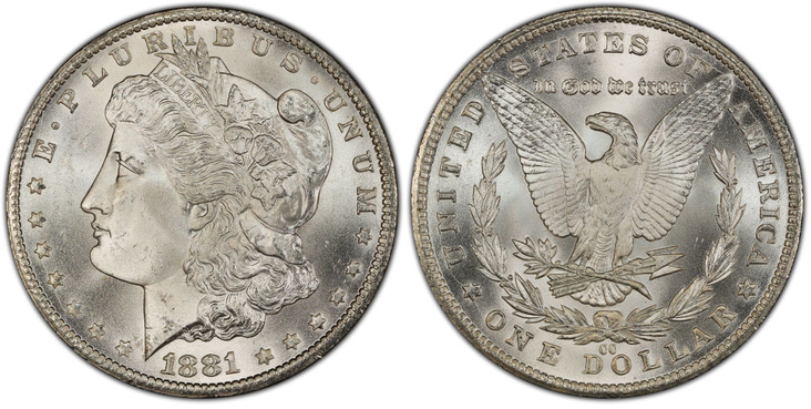 1085077 UNITED STATES OF AMERICA. 1881-CC AR Dollar. PCGS MS66  CAC.  U.S. Mint, Carson City. Edge: Reeded. E.PLURIBUS.UNUM. Laureate head left, date below flanked by stars / UNITED STATES OF AMERICA. Eagle within 1/2 wreath. KM 110.
Housed in an ...