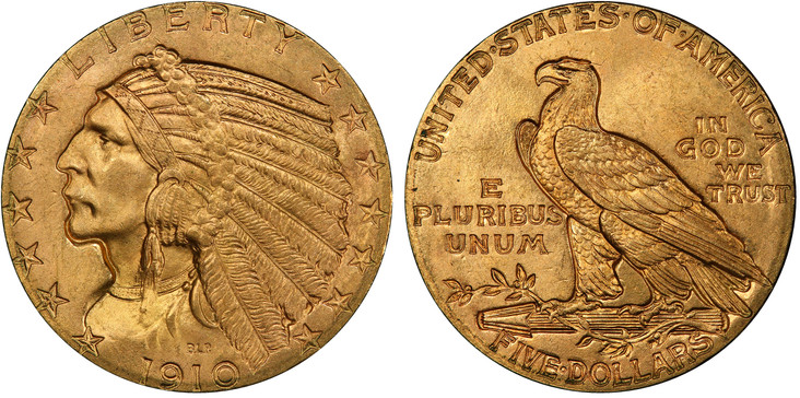 1083419 UNITED STATES OF AMERICA. 1910 AV $5, Half Eagle. PCGS MS65+.  By Bela Lyon Pratt. U.S. Mint, Philadelphia. 8.36gm. LIBERTY. Stylized Native American portrait wearing a full headdress encircled by 13 stars, date below / UNITED STATES OF AM...