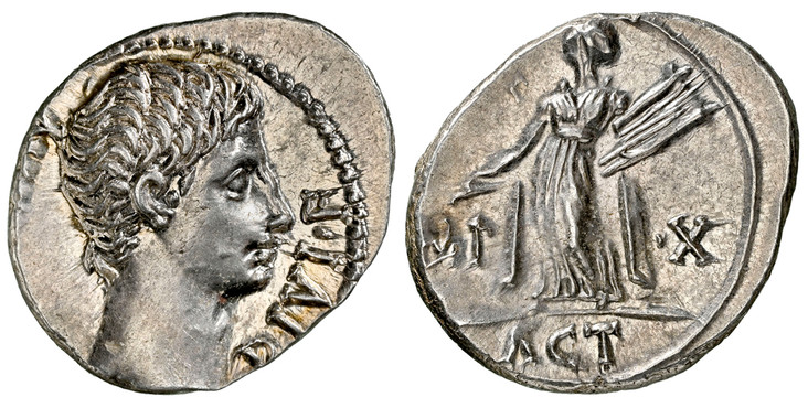 1087058 ROMAN IMPERIAL.  Augustus. (Emperor, 27 BC-14 AD). Struck 27 BC - 14 AD. AR Denarius. NGC Ch. AU (Choice About Uncirculated) Strike 4/5 Surface 4/5.  Lugdunum. 3.76gm. AVGVSTVS DIVI F. Head of Augustus, bare, right / IMP X ACT. Apollo stan...