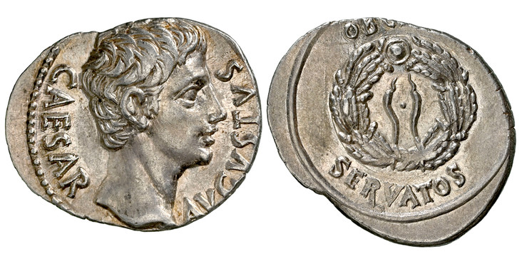 1087056 ROMAN IMPERIAL.  Augustus. (Emperor, 27 BC-14 AD). Struck 19 BC. AR Denarius. NGC AU (About Uncirculated) Strike 4/5 Surface 5/5.  Uncertain Spanish mint (Colonia Patricia?). 3.73gm. CAESAR - AVGVSTVS. Head of Augustus, bare, right / OB CI...