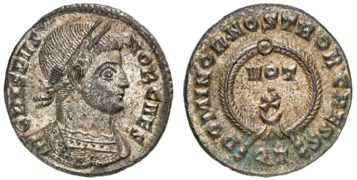 1087071 ROMAN IMPERIAL.  Constantine I, for Crispus. (Emperor, 307-337 AD). Struck 322 AD. AE Follis. NGC MS (Mint State) Strike 5/5 Surface 4/5.  Ticinum (Pavia). 3.16gm. Armored, laureate bust, right / VOT/ X within a wreath. RIC 170.

Please us...