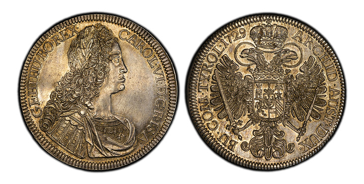 1087253 AUSTRIA. Karl (Charles) VI. 1729 AR Thaler. PCGS MS63.  Hall. CAROL · VI · D · G · R · I · S · A · GE · HI · HU · BO · REX ·. Legend begins at upper right / ARCHID · AUST · DUX · BU · COM · TYROL ·. Curve-sided shield. KM 1617 (Prev. KM 63...
