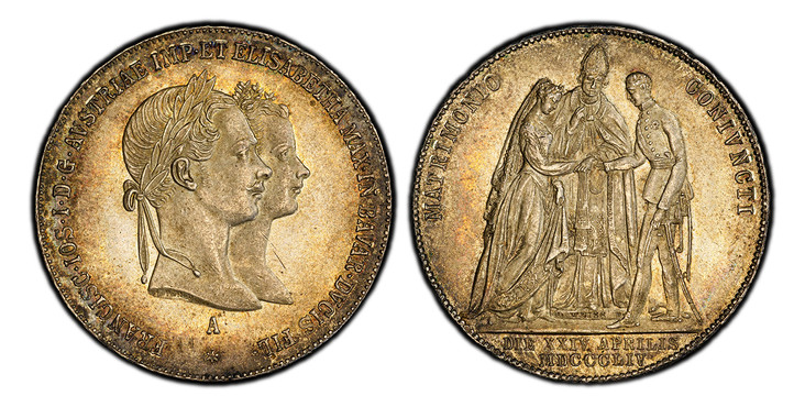 1085816 AUSTRIA. Franz Joseph I. MDCCCLIV (1854)-A AR Gulden. PCGS MS65.  Vienna. 12.9mm. 12.96gm. FRANCISC·IOS·I·D·G·AVSTRIAE IMP·ET ELISABETHA MAX·IN·BAVAR·DVCIS FIL·. Conjoined heads right / Wedding vows. KM X-M1; Jaeger 299.

Struck to commemo...