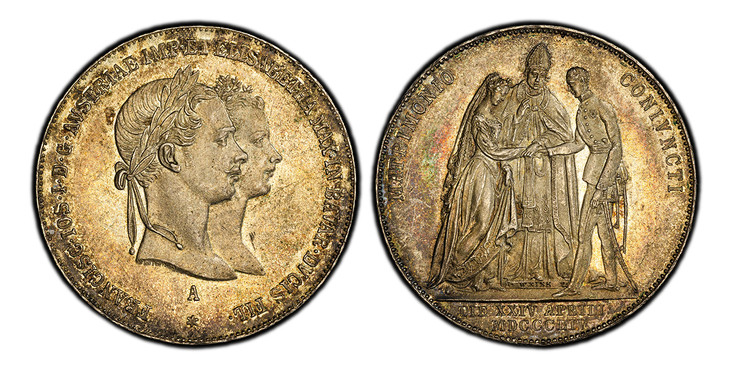1085817 AUSTRIA. Franz Joseph I. MDCCCLIV (1854)-A AR Gulden. PCGS MS63.  Vienna. 29.24mm. 12.98gm. FRANCISC·IOS·I·D·G·AVSTRIAE IMP·ET ELISABETHA MAX·IN·BAVAR·DVCIS FIL·. Conjoined heads right / Wedding vows. KM X-M1; Jaeger 299.

Struck to commem...