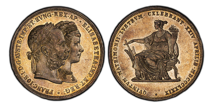 1087255 AUSTRIA. Franz Joseph I. MDCCCLXXIX (1879) AR 2 Gulden, Zwei. PCGS MS65.  Vienna. Edge: ZWEI GULDEN XLV. KET FORINT. FRANC · IOS · I · D · G · AVSTR · IMP · ET · HVNG · REX · AP · · ELISABETHA · IMP · BT · REG ·. Conjoined heads right / Se...