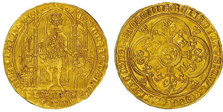 1087988 BELGIUM. Flanders Bruges. Louis II de Mâle. (Count, 1346-1384). (1346-84) AV Flandres d'Or  or Franc à Pied. NGC MS63.  Ghent or Mechelen. 4.15gm. Count standing before Gothic throne, a sword in his right hand and a shield with a lion supp...
