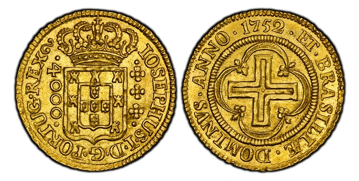 1087084 BRAZIL. Jose I. 1752 AV 4000 Reis. PCGS MS62.  Lisbon. 8.16gm. IOSEPHUS · I · D · G · PORTUG · REX ·. Crowned arms divide florals at right from value at left / ET · BRASILIÆ · DOMINVS · ANNO ·. Cross within ornamented outline, lined circle...