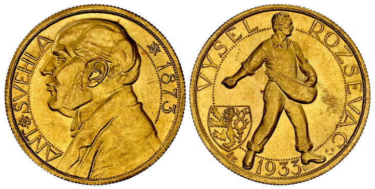 1079109 CZECHOSLOVAKIA. Republic. (1918-1939). 1933 AV Medallic Ducat. NGC MS62.  ANT * SVEHLA • 1873. Bust, left / VYSEL - ROZSEVAC (SE) [987] (-). Standing male figure sowing seeds; shield of arms below left with hallmarks and fineness stamped i...