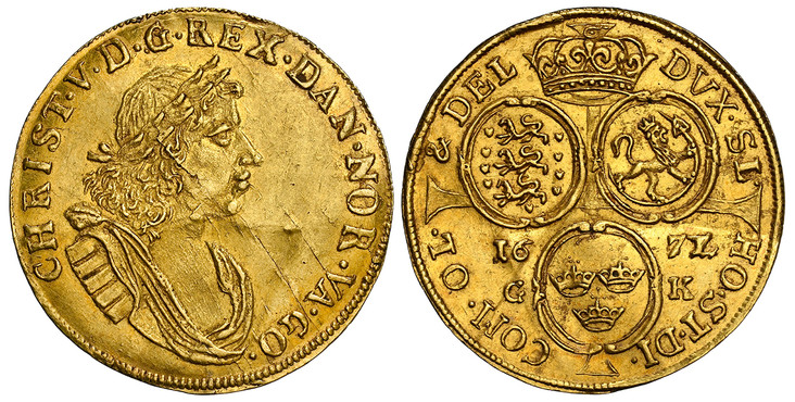 1087077 DENMARK. 1672/1 Gottfried Krüger (Mintmaster) AV Ducat. NGC UNC Details Bent.  Copenhagen. 3.43gm. CHRIST(IAN)-V. Laureate bust right. KM 340.1; Fr.-140; Hede 2.

Standard Coinage. Broad flan. Small mint made planchet streaks on obverse an...