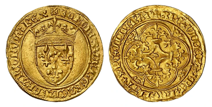 1087317 FRANCE. Charles VI. (King, 1380-1422). (1380-1422) AV Ecu d'Or. NGC MS64.  La Rochelle. 3.92gm. + KAROLVS DEI GRACIA FRANCORVM REX. Crowned coat-of-arms / + XPS VINCIT XPS REGNAT XPS IMPERAT. Cross fleurée, with star in center and inward-f...