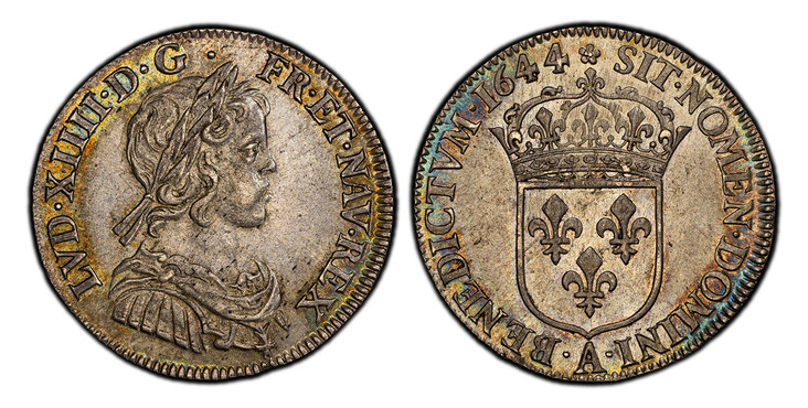 1087493 FRANCE. Louis XIV. (King, 1643-1715). 1644-A Rose AR 1/4 Ecu. PCGS MS63+.  Paris. 27mm. LVD. XIIII. D. G. FR. ET. NAV. REX. Laureate, draped and mailed youthful bust right, short hair before ear / SIT. NOMEN. DOMINI. BENEDICTVM. (date). Cr...